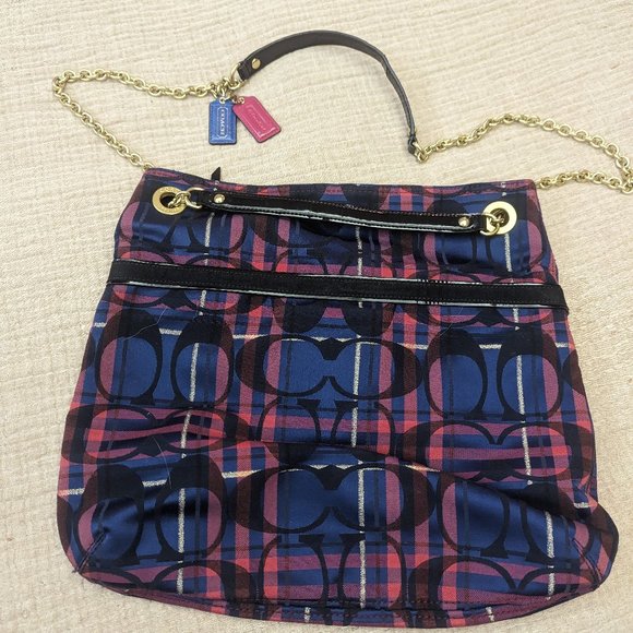 COACH Poppy Tartan C Signature Navy/Pink Plaid Shoulder Bag/Tote - Picture 1 of 6